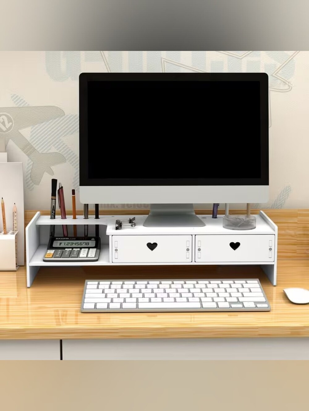 White Desktop Monitor Stand with Heart-Detail Drawers - Home Office